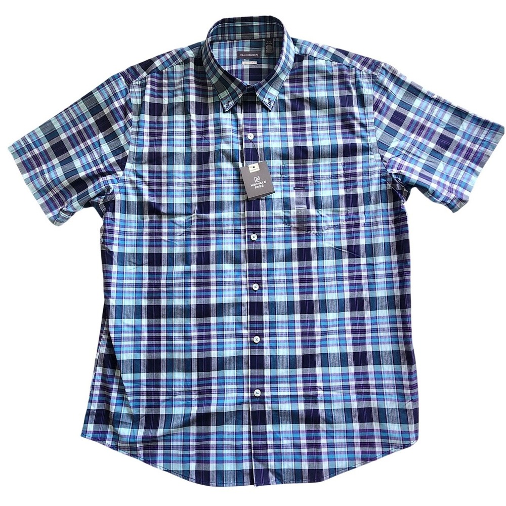 Van Heusen Mens Plaid Shirt Short Sleeve Wrinkle Free Classic Fit Blue Purple L